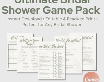 May include: A collection of printable bridal shower games. The games include "What's in Your Purse?", "He Said, She Said", and "Would She Rather?" in a minimalist design with a light green and white color scheme. The text "Ultimate Bridal Shower Game Pack" is at the top.