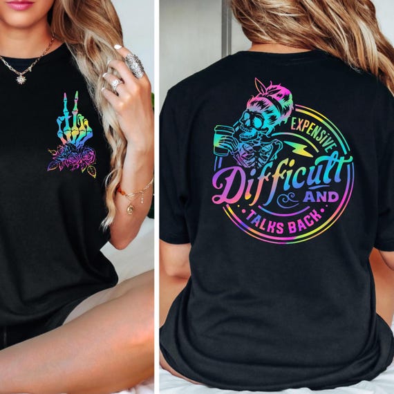 Sarcastic Wife Skeleton T-Shirt, Funny Halloween Graphic Tee (Colorful Back), Expensive Difficult and Talks Back Top