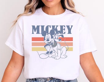Disney Mickey And Friends Mickey And Pluto Retro Line Shirt, Vintage Disney T-Shirt, Classic Cartoon Graphic Tee, Unisex Disney Shirt