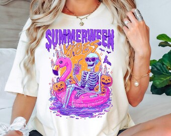 Summerween Vibes Shirt: Spooky Skeleton Pool Party Tee
