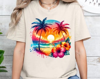 Tropical Beach Sunset T-Shirt: Palm Trees & Hibiscus Flowers