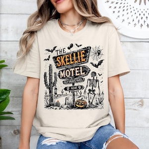 Skellie Motel Halloween T-Shirt: Funny Retro Skeleton Tee