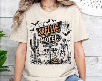 Skellie Motel Halloween T-Shirt: Funny Retro Skeleton Tee