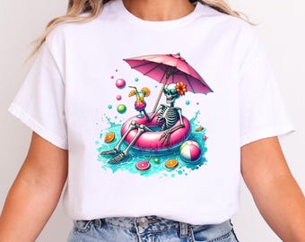 Spooky Summerween Skeleton Pool Party Shirt: Halloween in July Tee