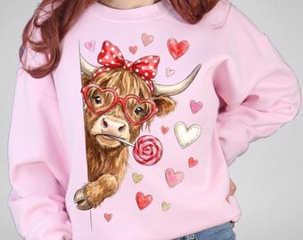 Funny Valentine Highland Cow Sweatshirt, Coquette Heart Crewneck