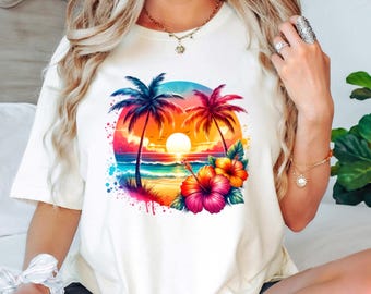 Tropical Beach Sunset T-Shirt: Palm Trees & Hibiscus Flowers