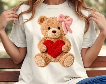 Faux Yarn Valentine Teddy Bear Shirt, Coquette Valentines Shirt, Heart Graphic Tee, Cute Romantic Valentine Gift
