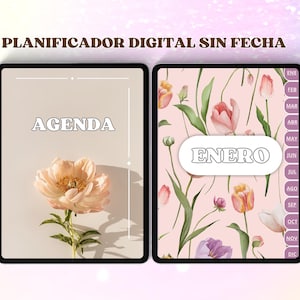 May include: A digital planner template with a floral design. The left side features the word "AGENDA" in a retro font. The right side features the word "ENERO" in a white oval, which is Spanish for "January".