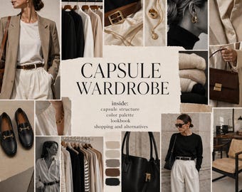 May include: A collage featuring a capsule wardrobe concept. The image includes various clothing items like blazers, shirts, and accessories such as belts, bags, and shoes. The text "CAPSULE WARDROBE" is prominently displayed, along with a color palette.