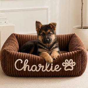 May include: A rectangular brown corduroy pet bed featuring the name Charlie embroidered in white script lettering alongside a white paw print icon. A German Shepherd puppy is resting inside the soft, textured fabric of the bed.