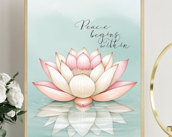 Art mural yoga pleine conscience imprimable | Art mural inspirant zen | Impression motivante de citation sur les soins personnels | Décoration de bureau pour thérapie par la fleur de lotus