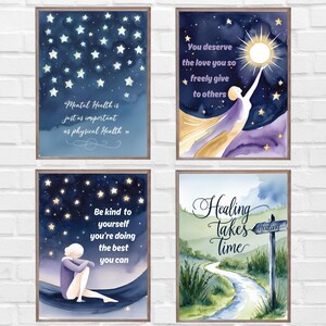 Motivational Quote Wall Art Set of 4 | Mental Health Printable Decor | Self Care Affirmation Prints | Therapy Office Digital Download