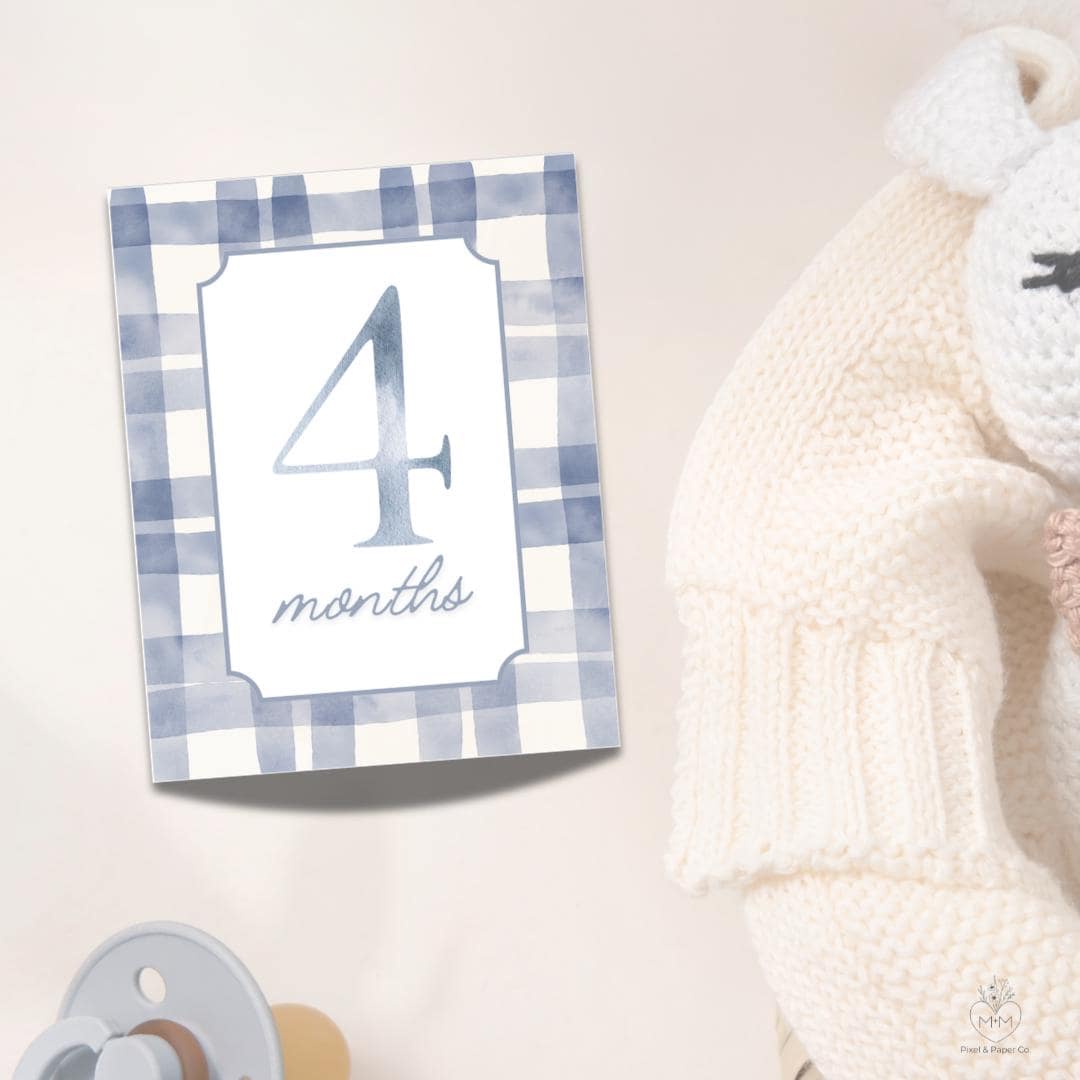 Blue Gingham Baby Milestone Cards | Printable Baby Boy Milestone Cards ...