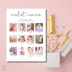 Modello di poster fotografico moderno e minimalista per il primo compleanno / Modello di poster fotografico modificabile per il primo bambino / Modello di ricordo con download immediato / Modello di collage fotografico