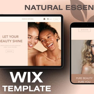Könnte beinhalten: Eine Wix-Website-Vorlage für eine Beauty-Marke namens "Natural Essence". Die Vorlage verfügt über einen hellrosa Hintergrund mit Bildern von Frauen mit strahlender Haut. Der Text "Let your beauty shine" wird auf der Website angezeigt.