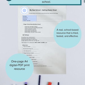 Op de afbeelding: Een witte, bedrukte A4-pagina getiteld "My New School - Getting Ready Sheet" met invulsecties. Tekst bevat "Things I Know About My New School" en "My Feelings". De afbeelding bevat ook tekst: "An easy-to-use resource..." en "A real, school-based resource..."