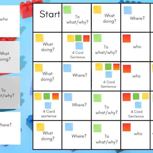 以下が含まれることがあります： 「誰？」や「何をする？」などの質問が書かれたマス目がある、カラフルなボードゲーム。色分けされたブロックと「SLT Lego Board Game」の文字が含まれています。