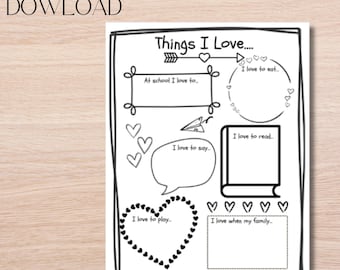 Valentine's Day Things I Love Worksheet, Kids Classroom Activity (Digital Download)