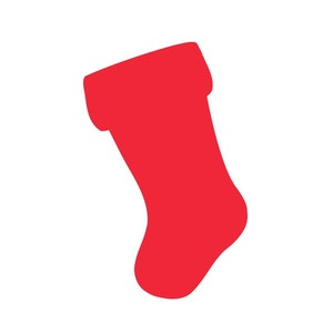 May include: A red Christmas stocking with a white cuff.
