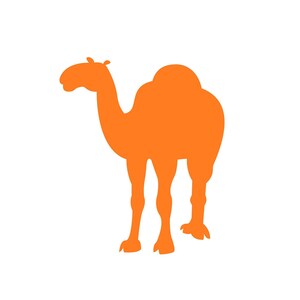 May include: An orange silhouette of a camel standing on a white background.