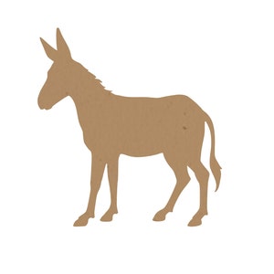 May include: A brown donkey silhouette cutout. The donkey is standing with its head turned to the left.