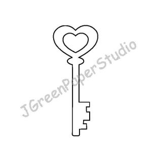 May include: A black and white line drawing of a key with a heart-shaped top. The key's head features a heart outline with a smaller heart inside. The key's shaft is long and straight, with a traditional key bit at the bottom. Text in the image reads "JGreenPaperStudio".