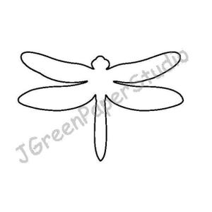 May include: A black outline of a dragonfly with four wings and a slender body, set against a white background. The text "JGreenPaperStudio" is in the lower left corner.