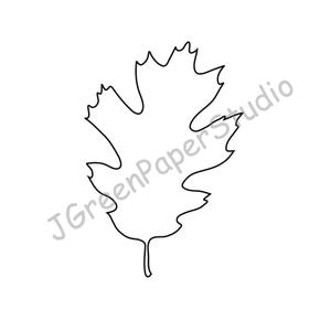 May include: A black and white outline of an oak leaf. The leaf has a detailed, lobed shape with a stem. The image is on a white background. The text "JGreenPaperStudio" is diagonally across the image.