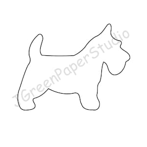 Può includere: Un disegno in bianco e nero di una silhouette di un cane terrier scozzese.