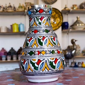 Handpainted Moroccan Ceramic Vase: Silver Nickel Accent, 20cm Pottery