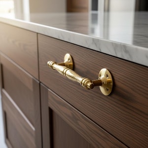 May include: Close-up of a dark brown wooden cabinet with a marble countertop. A gold-colored handle with an ornate design is attached to the cabinet door. The handle is centered on the door, providing a decorative and functional element.