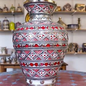 Handmade Moroccan Red Ceramic Vase: Berber Boho Decor, Silver Nickel Detail