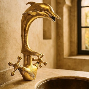 May include: A gold-coloured dolphin-shaped tap with cross-shaped handles. The tap is mounted on a beige countertop above a dark-coloured sink. The design is ornate and detailed, with a vintage aesthetic.