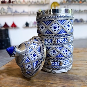 Handmade Moroccan Ceramic Storage Jar: Blue & Silver Kitchen Canister