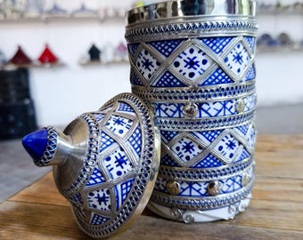 Handmade Moroccan Ceramic Storage Jar: Blue & Silver Kitchen Canister