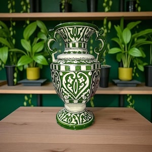 Handmade Moroccan Ceramic Vase: Green & White Moorish Decor, 35cm