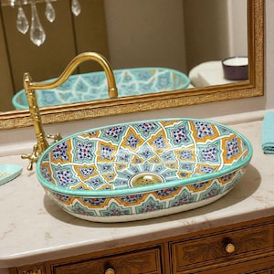 Hand-Painted Moroccan Ceramic Oval Sink: Bathroom Vessel Basin