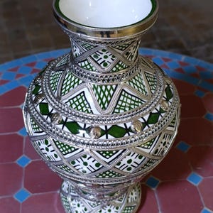 Handpainted Moroccan Ceramic Vase: Green Pottery with Silver Nickel