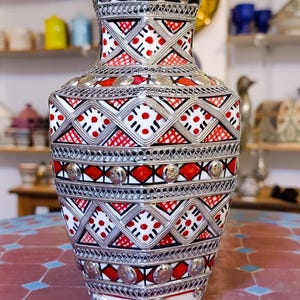 Handpainted Moroccan Ceramic Vase with Silver Nickel: Boho Home Decor