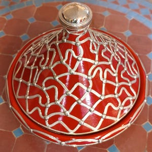 Handmade Moroccan Ceramic Tagine: Red & Silver Nickel, 23cm