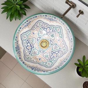 Ręcznie malowana marokańska umywalka ceramiczna – umywalka nablatowa rzemieślnicza do łazienki i toaletki – umywalka nablatowa rzemieślnicza – wyjątkowa umywalka łazienkowa, umywalka ręcznie robiona