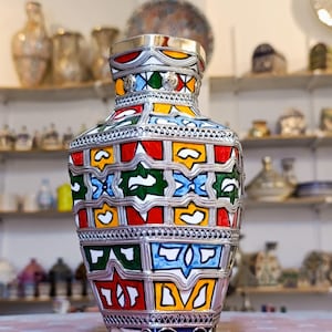 Handpainted Moroccan Ceramic Vase: Boho Home Decor with Silver Nickel
