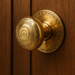 May include: Close-up of a brass doorknob with an ornate spiral design on a wooden door. The doorknob has a round shape with a decorative edge. The door is made of dark brown wood.
