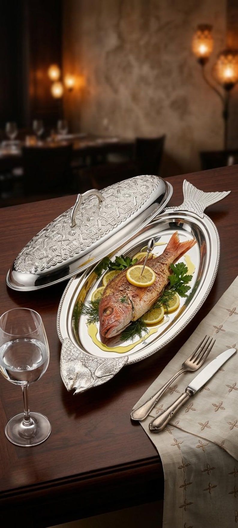 Silver Fish Serving Platter With Lid, Large Seafood Tray, Decorative ...