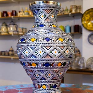 Handpainted Moroccan Ceramic Vase: Silver Nickel Inlay, Colorful Pottery Decor