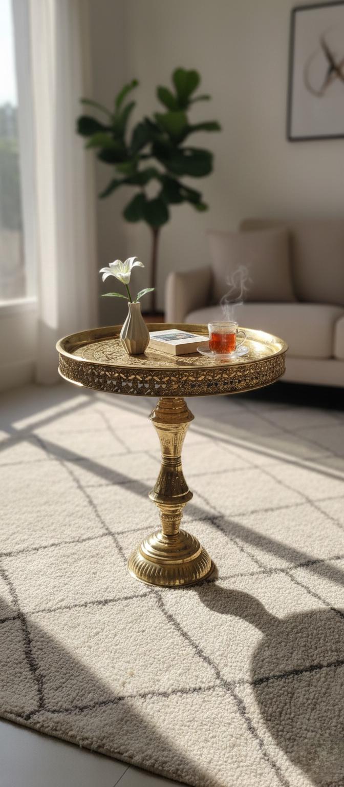 Handcrafted Moroccan Brass Pedestal Table - Etched Gold Side Table