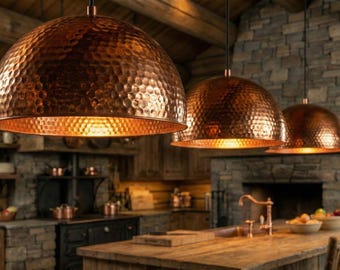 Hammered Copper Dome Pendant Lamp, Rustic Kitchen Island Lighting, Boho Ceiling Fixture