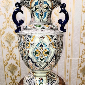 Handmade Moroccan Ceramic Vase: 35cm Boho Decor with Silver Nickel