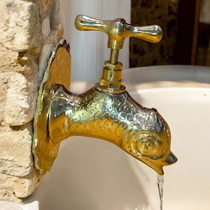 Handcrafted Unlacquered Brass Fish-Shaped Faucet | Engraved Vintage Style Decorative Water Tap | Unique Handmade Home Decor