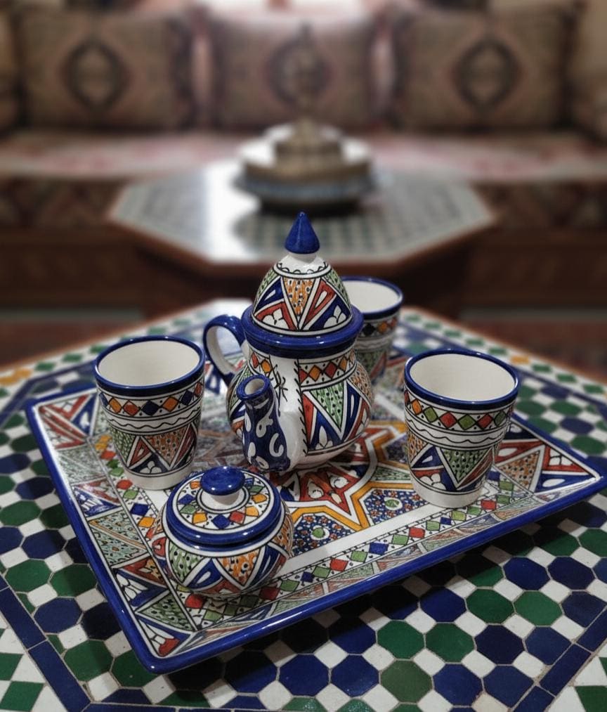 Hand-Painted Moroccan Ceramic Tea Set: Traditional Pottery with Tray & Cups